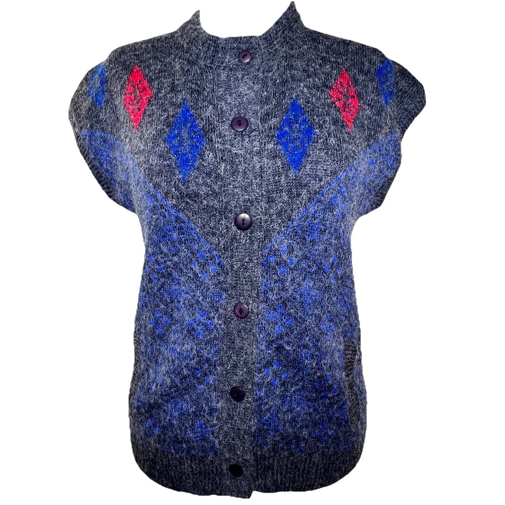 Cheung Kee Vtg Argyle Sweater Vest 100% Wool Blue Cardigan Button Up Preppy 80s